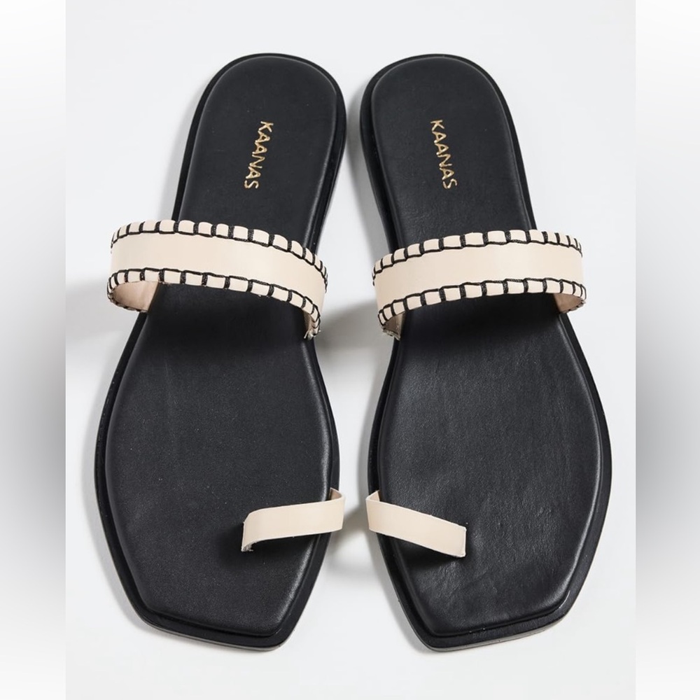 Kaanas Black and Cream Sandals with Toe-Ring Design